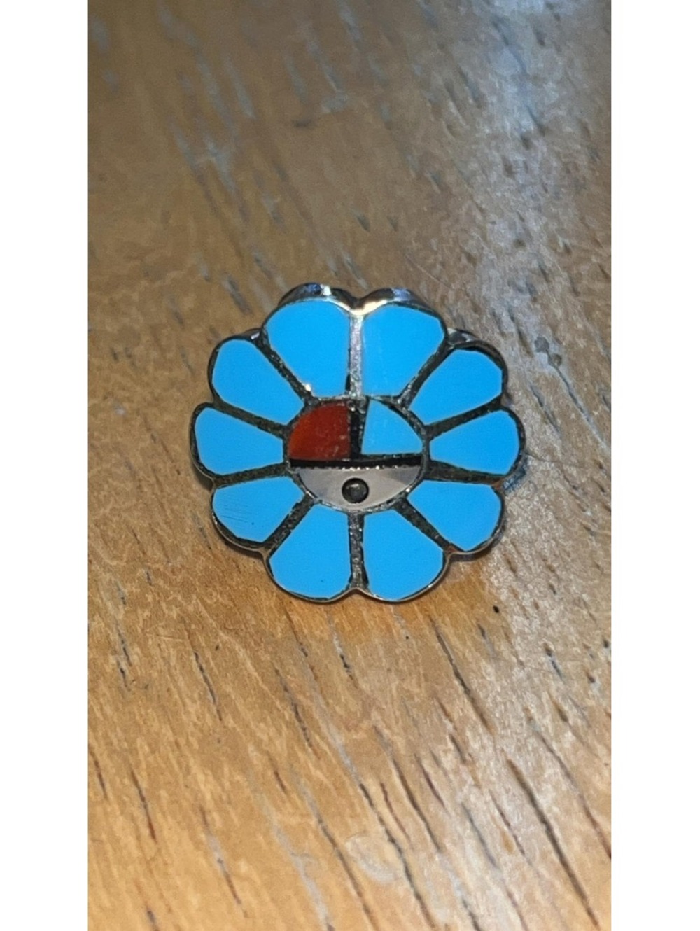 traditional Zuni sterling silver inlay sunface ring turquoise/coral mother of